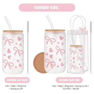 Cốc Thủy Tinh Nhám Cute 500ml, Ly Thủy Tinh Nắp Tre 16Oz Chịu Nhiệt Kèm Phụ Kiện, Quà Tặng Sinh Nhật
