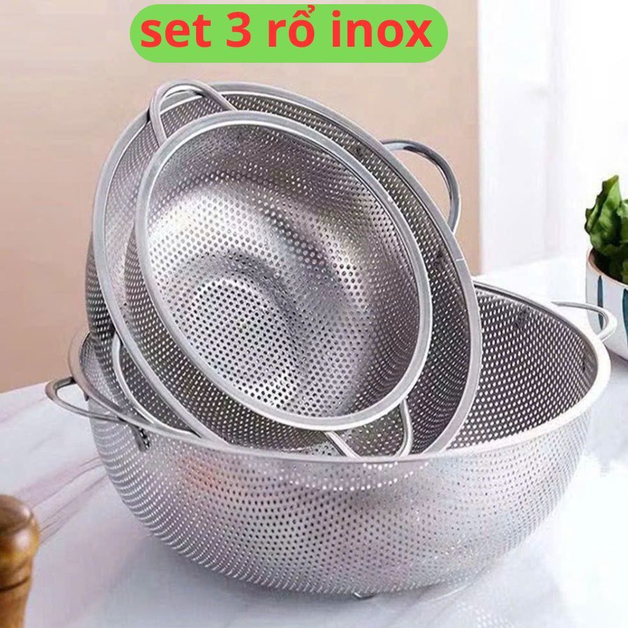 Rổ inox lỗ nhỏ 2 quai rửa rau củ, vo gạo có quai treo vô cùng tiện lợi ...
