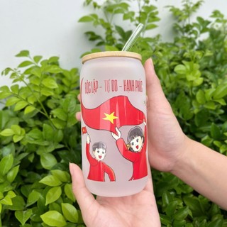 Cốc Thủy Tinh Nhám Cute 500ml, Ly Thủy Tinh Nắp Tre 16Oz Chịu Nhiệt Kèm Phụ Kiện, Quà Tặng Sinh Nhật