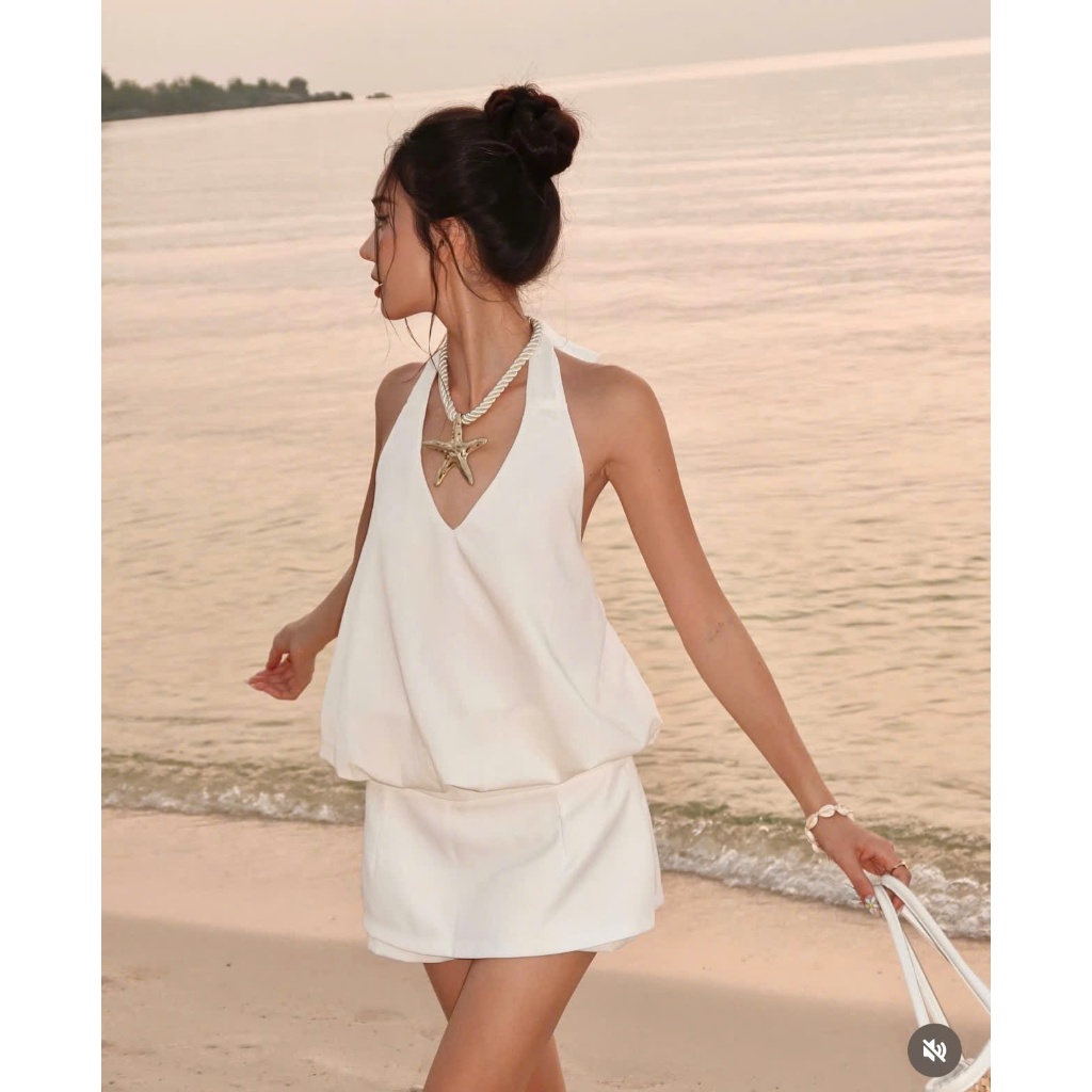 Áo Cổ Yếm Cột Dây Trắng Hở Lưng SISON TOP Đi Biển Dáng Bí Phi Lụa Mềm SAN Clothings - P116