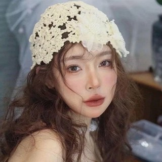 IK Mũ Len Dệt Kim Đính Hoa Phong Cách Y2K Mũ Trùm Đầu Cô Dâu U10