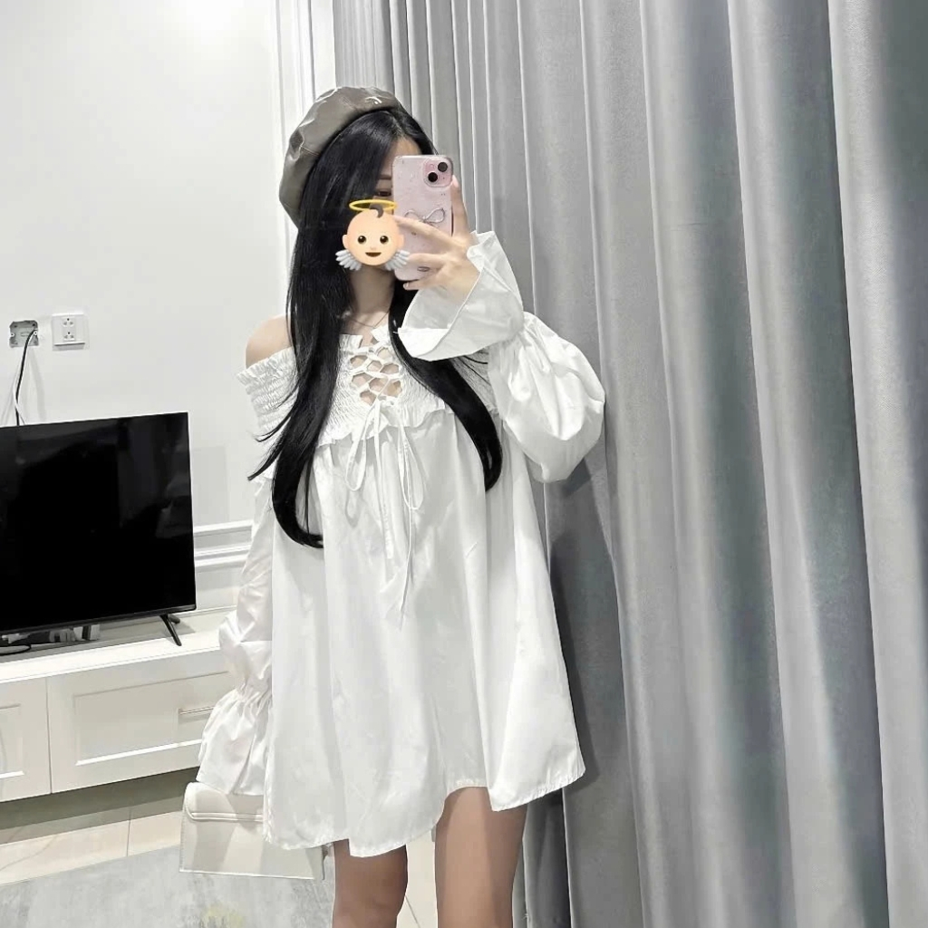 Áo Trễ Vai Nữ BABEE Tay Phồng Dài Form Áo Dấu Quần Phối Dây Đan Có Bo Chun Dễ Thương Sang Trọng
