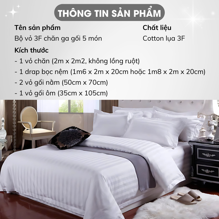 Ảnh Bộ Vỏ Chăn Ga Gối 5 Món Cotton Lụa 3F A Concept Decor Sọc 3 Phân Cao Cấp Vỏ Thoáng Mát Sang Trọng Chuẩn Khách Sạn 5 Sao 2