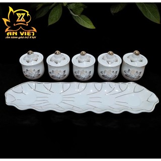 Bộ Áng 5 Ly Nước Có Nắp Bạch Ngọc Sen Trắng Thờ Cúng - Nội Thất An Việt - BNST