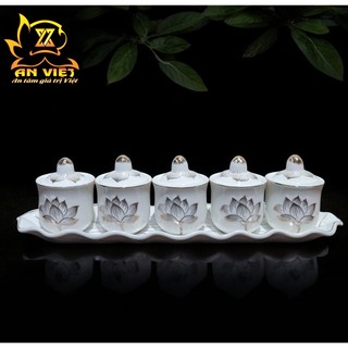 Bộ Áng 5 Ly Nước Có Nắp Bạch Ngọc Sen Trắng Thờ Cúng - Nội Thất An Việt - BNST