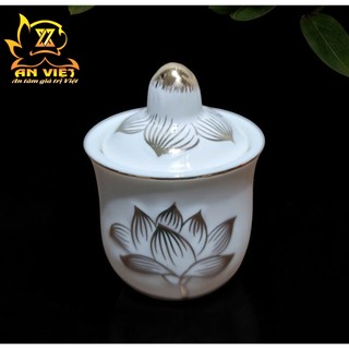 Bộ Áng 5 Ly Nước Có Nắp Bạch Ngọc Sen Trắng Thờ Cúng - Nội Thất An Việt - BNST