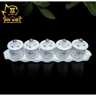 Bộ Áng 5 Ly Nước Có Nắp Bạch Ngọc Sen Trắng Thờ Cúng - Nội Thất An Việt - BNST