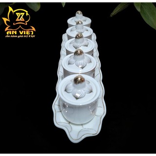 Bộ Áng 5 Ly Nước Có Nắp Bạch Ngọc Sen Trắng Thờ Cúng - Nội Thất An Việt - BNST