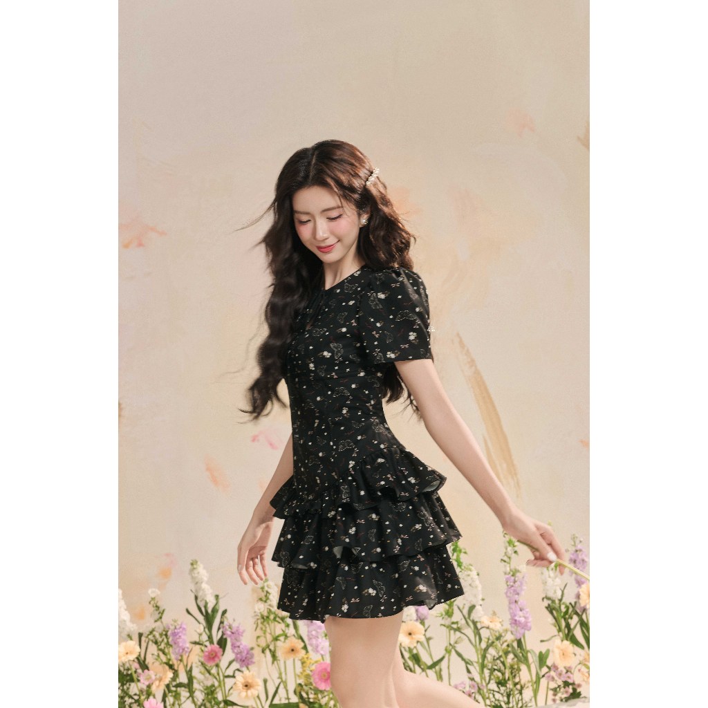 Đầm cổ tròn nhún tầng chân 1R12.2503K, váy đầm tay bồng dáng a xòe tầng tiểu thư nữ tính thiết kế bởi JM Dress Design