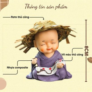 Tượng Chú Tiểu Đội Nón Rơm Decor | Trang Trí Bàn Làm Việc, Kệ Sách, Phòng Thiền, Quà Tặng Bình An