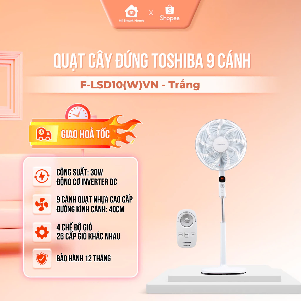 Quạt cây đứng Toshiba 5 Cánh, 9 Cánh F-LSA10(H/K),F-LSA20(W/H), F-LSD30(W), F-ABS50(W), BH 1 năm