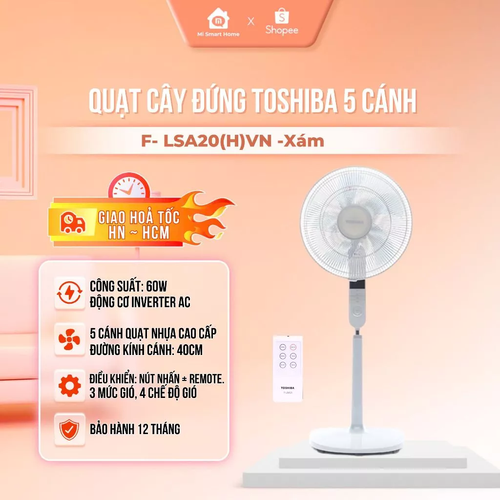 Quạt cây đứng Toshiba 5 Cánh, 9 Cánh F-LSA10(H/K),F-LSA20(W/H), F-LSD30(W), F-ABS50(W), BH 1 năm