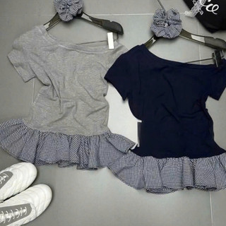 Áo thiết Kế Lệch Vai Phối Thô kẻ Viền Bèo thiết Kế Lệch Vai Phối Thô kẻ Viền Bèo Vintage