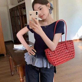 Áo thiết Kế Lệch Vai Phối Thô kẻ Viền Bèo thiết Kế Lệch Vai Phối Thô kẻ Viền Bèo Vintage