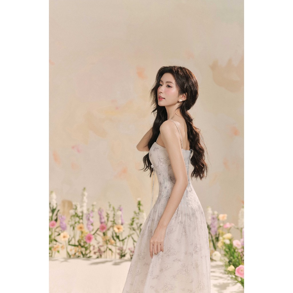 Ảnh Đầm 2 dây xếp ly bung họa tiết 1R11.2503OG, váy 2 dấy maxi dáng dài, xếp ly eo tôn dáng nữ tính đáng yêu cho nàng JM 3