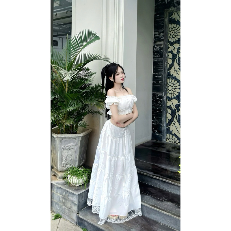 [Tặng khăn trùm đầu] Set đi biển chân váy xòe kèm áo trễ vai hàng QC New