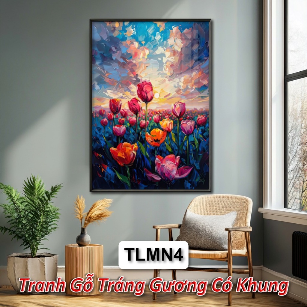 Tranh Hoa Tulip Phong Cách Màu Nước Tráng Gương Cao Cấp, Tranh Treo Tường Nghệ Thuật Hiện Đại Có Khung Sang Trọng