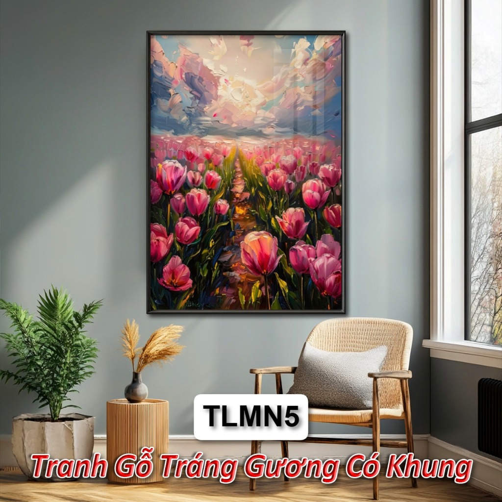 Tranh Hoa Tulip Phong Cách Màu Nước Tráng Gương Cao Cấp, Tranh Treo Tường Nghệ Thuật Hiện Đại Có Khung Sang Trọng