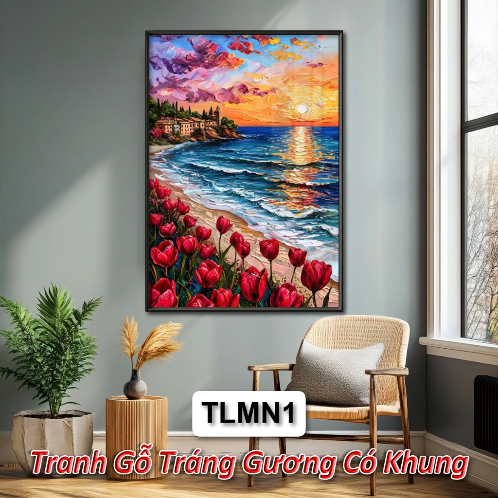 Tranh Hoa Tulip Phong Cách Màu Nước Tráng Gương Cao Cấp, Tranh Treo Tường Nghệ Thuật Hiện Đại Có Khung Sang Trọng