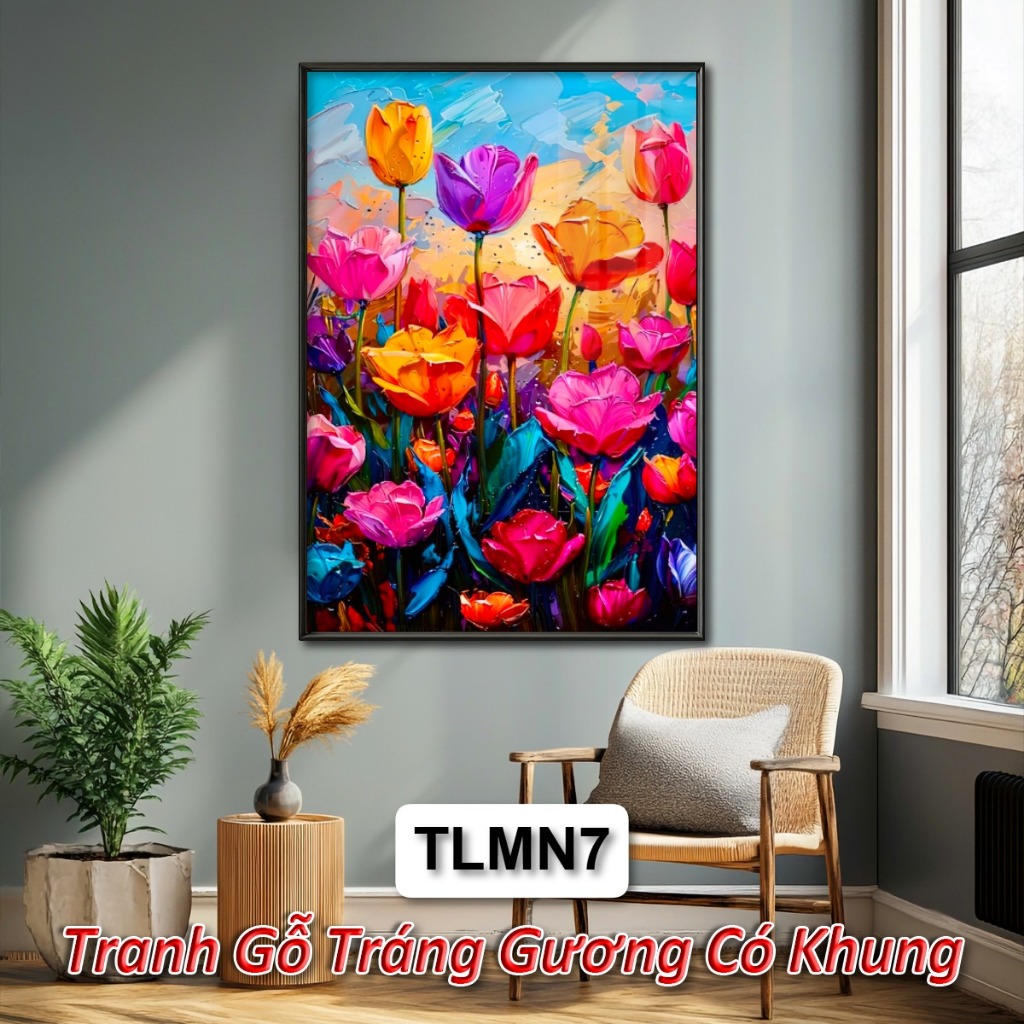 Tranh Hoa Tulip Phong Cách Màu Nước Tráng Gương Cao Cấp, Tranh Treo Tường Nghệ Thuật Hiện Đại Có Khung Sang Trọng