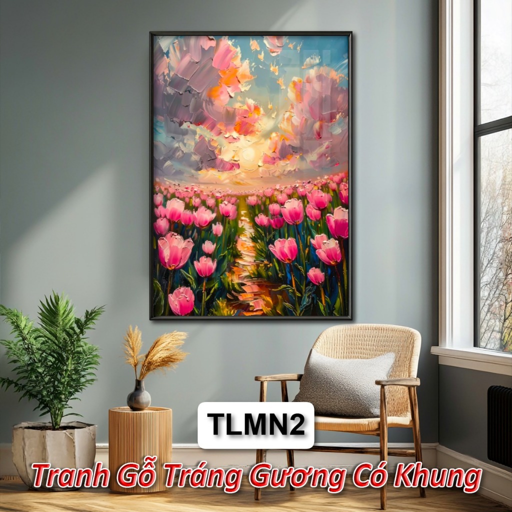 Tranh Hoa Tulip Phong Cách Màu Nước Tráng Gương Cao Cấp, Tranh Treo Tường Nghệ Thuật Hiện Đại Có Khung Sang Trọng