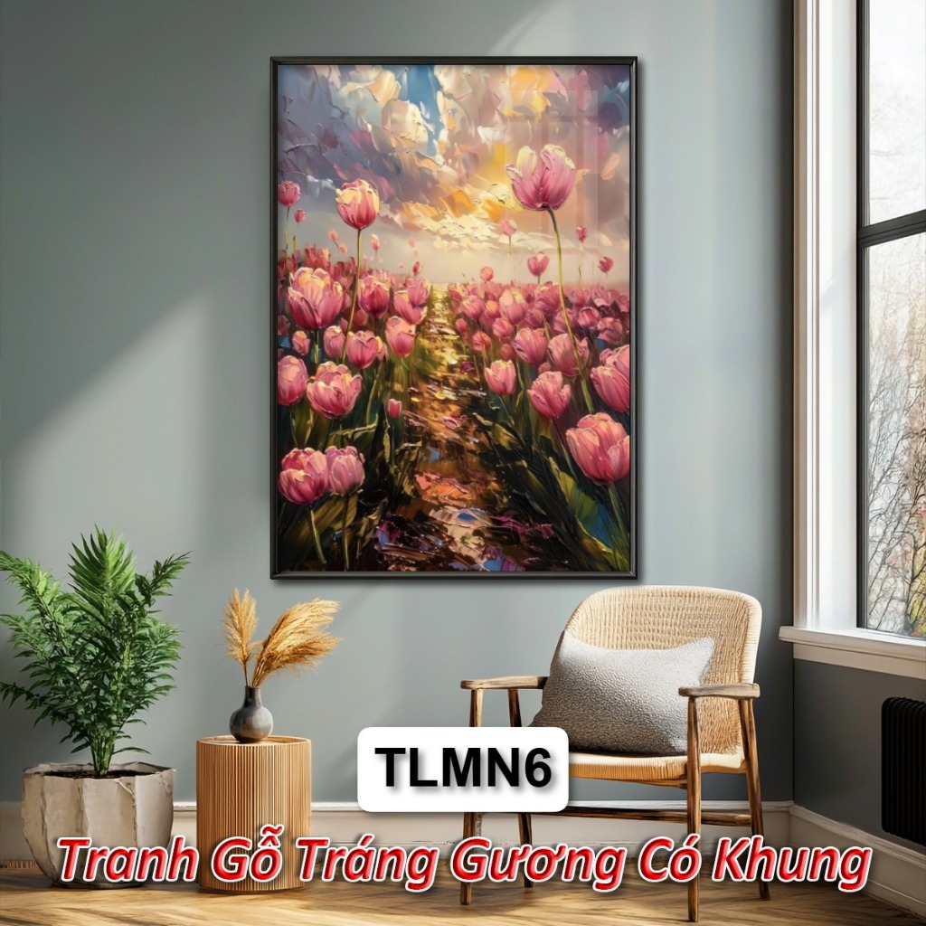 Tranh Hoa Tulip Phong Cách Màu Nước Tráng Gương Cao Cấp, Tranh Treo Tường Nghệ Thuật Hiện Đại Có Khung Sang Trọng