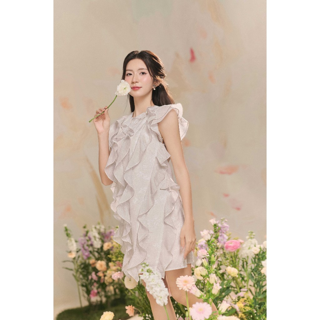 Đầm pattern suông kẹp bèo đổ tầng, dây đai rời 1R14.2504OG, váy suông bèo kèm đai sang trọng thanh lịch nữ tính JM