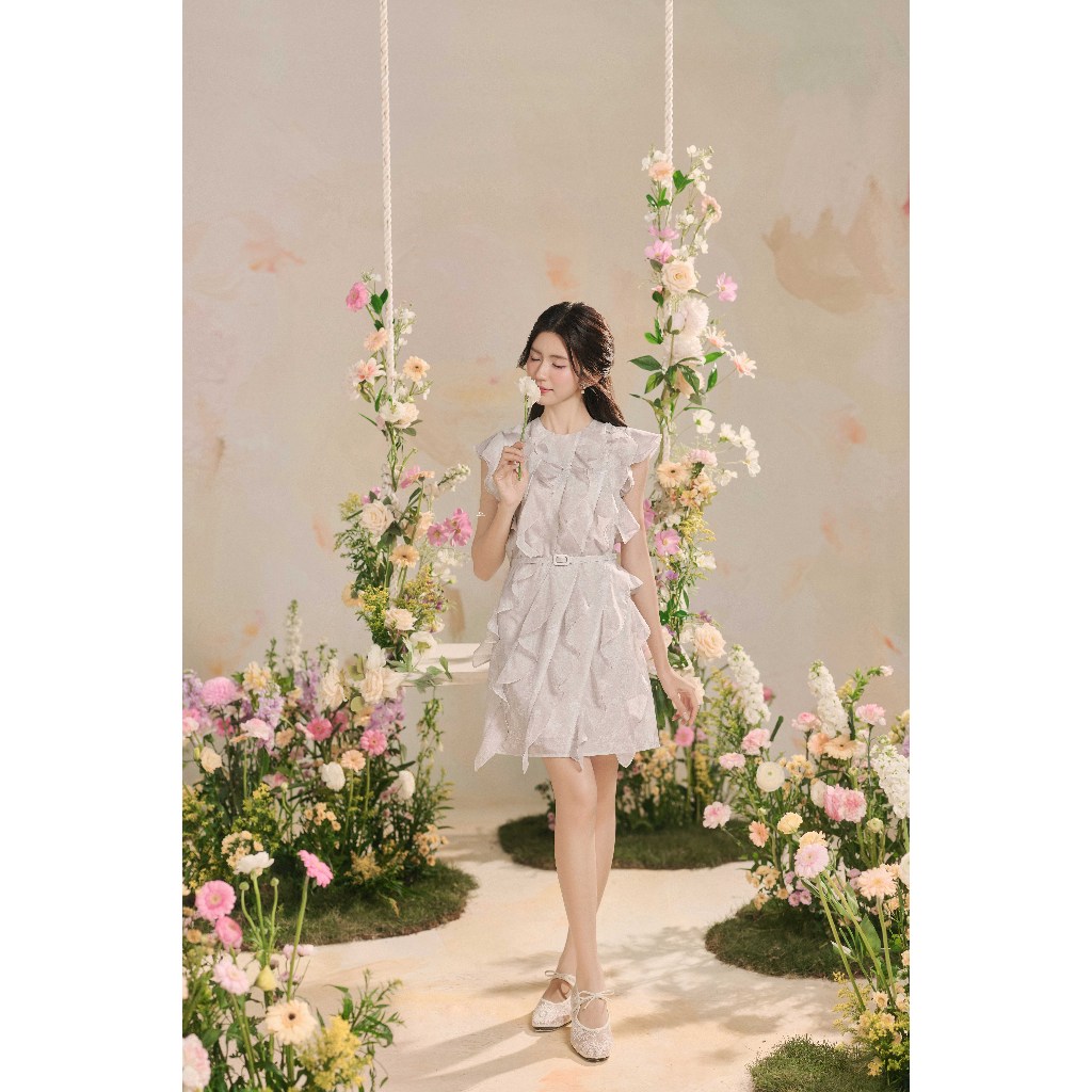 Đầm pattern suông kẹp bèo đổ tầng, dây đai rời 1R14.2504OG, váy suông bèo kèm đai sang trọng thanh lịch nữ tính JM
