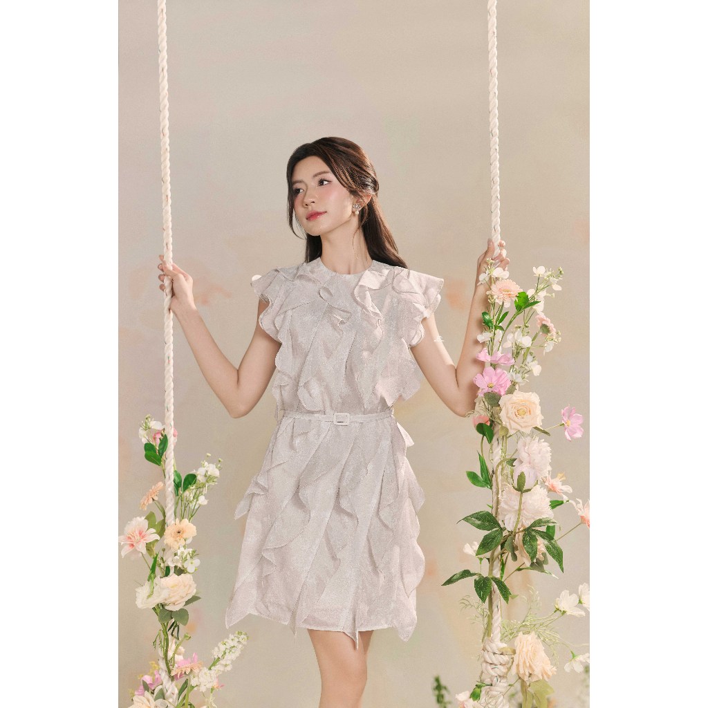 Đầm pattern suông kẹp bèo đổ tầng, dây đai rời 1R14.2504OG, váy suông bèo kèm đai sang trọng thanh lịch nữ tính JM