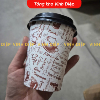 Túi 50 cốc giấy  9oz ~ 265ml dùng 1 lần có nắp đen trắng, nhiều hình