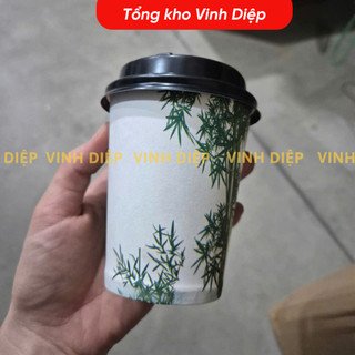 Túi 50 cốc giấy  9oz ~ 265ml dùng 1 lần có nắp đen trắng, nhiều hình