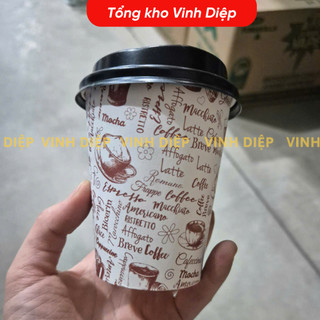 Túi 50 cốc giấy  9oz ~ 265ml dùng 1 lần có nắp đen trắng, nhiều hình