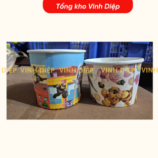 Set 50 cốc giấy đựng cháo 360,480ml in hình ngộ nghĩnh dùng 1 lần có nắp