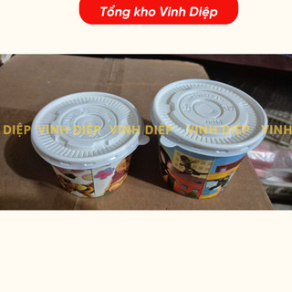 Set 50 cốc giấy đựng cháo 360,480ml in hình ngộ nghĩnh dùng 1 lần có nắp