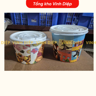 Set 50 cốc giấy đựng cháo 360,480ml in hình ngộ nghĩnh dùng 1 lần có nắp