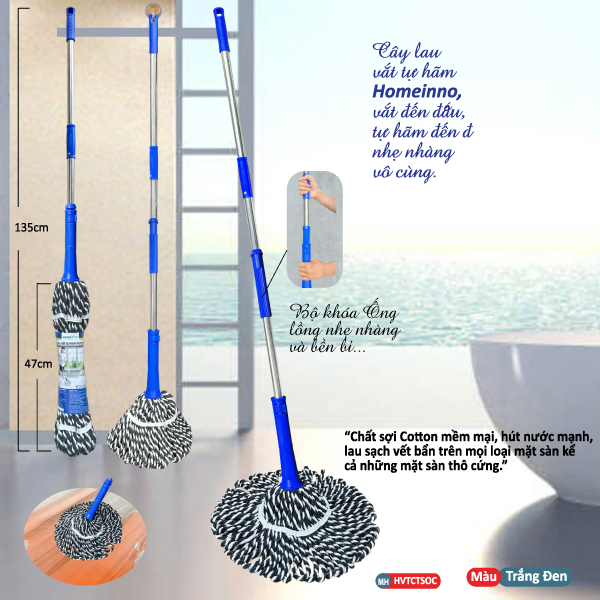 Cây Lau Nhà Vắt Tay Có Trợ Lực Tự Hãm Nùi Lau Dạng Tròn / Dạng Vuông Homeinno
