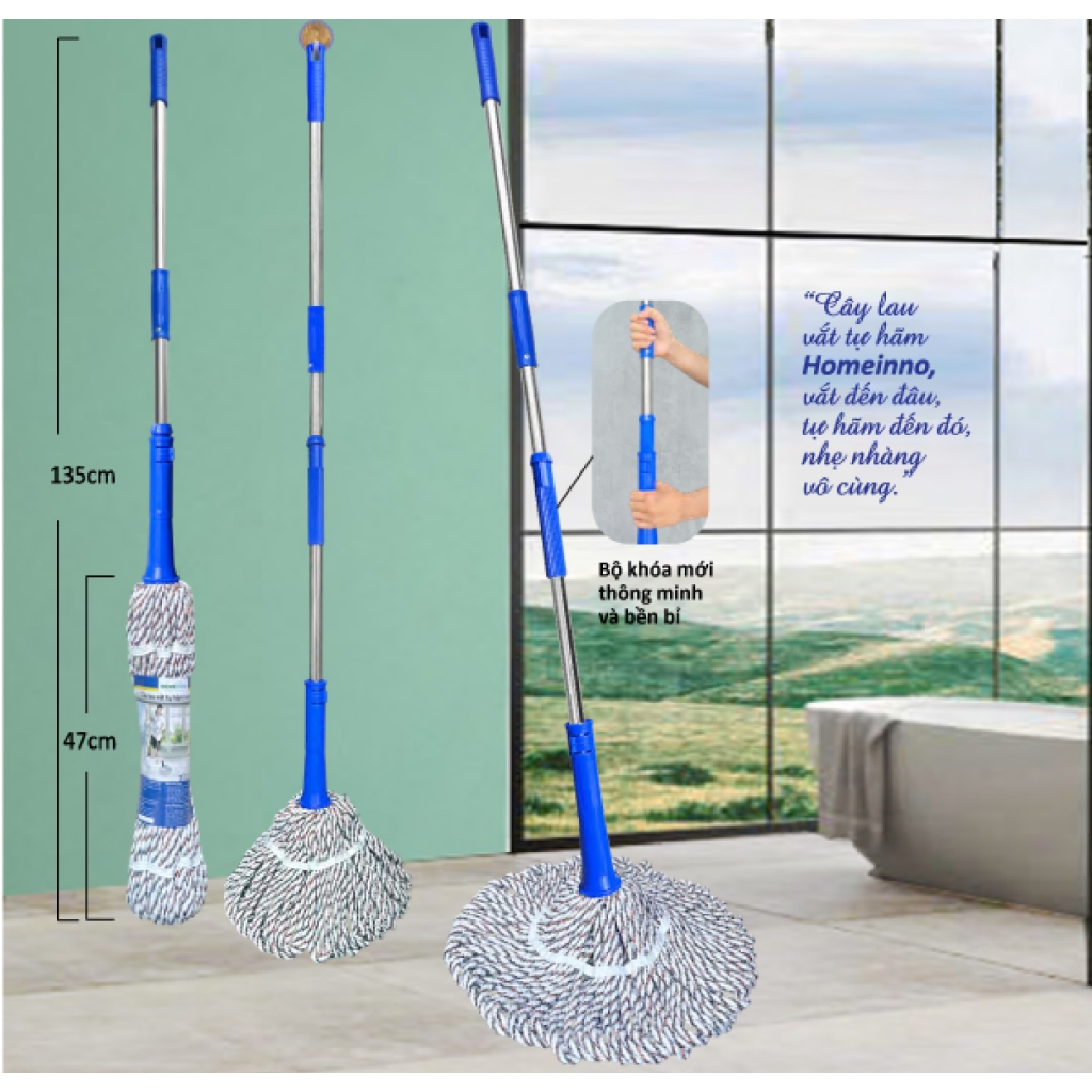 Cây Lau Nhà Vắt Tay Có Trợ Lực Tự Hãm Nùi Lau Dạng Tròn / Dạng Vuông Homeinno