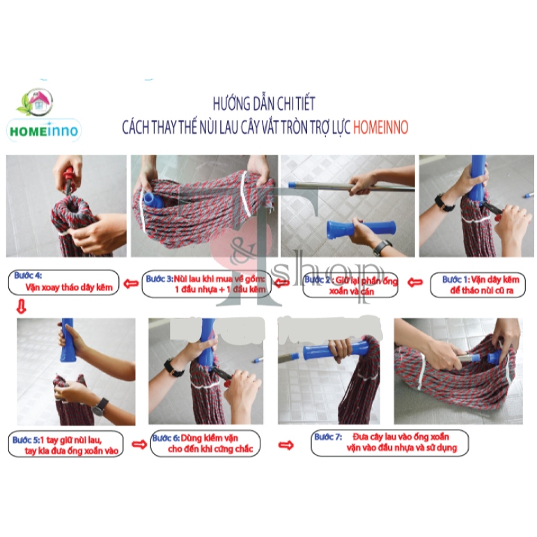 (KHÔNG CÂY, KHÔNG ĐẦU NHỰA) Bông Lau Nhà Thay Thế Cây Vắt Tự Hãm Trợ Lực Tròn hoặc Vuông Homeinno