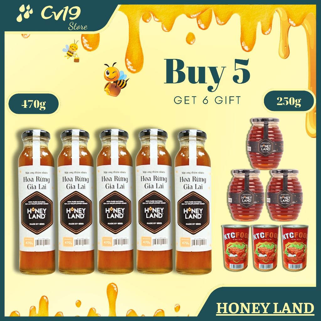 [SIÊU RẺ] HONEY LAND - Bộ 5 Chai mật Gia Lai 470g + 3 Hủ mật hoa rừng 250g + 3 Lon cá sốt cà 155g