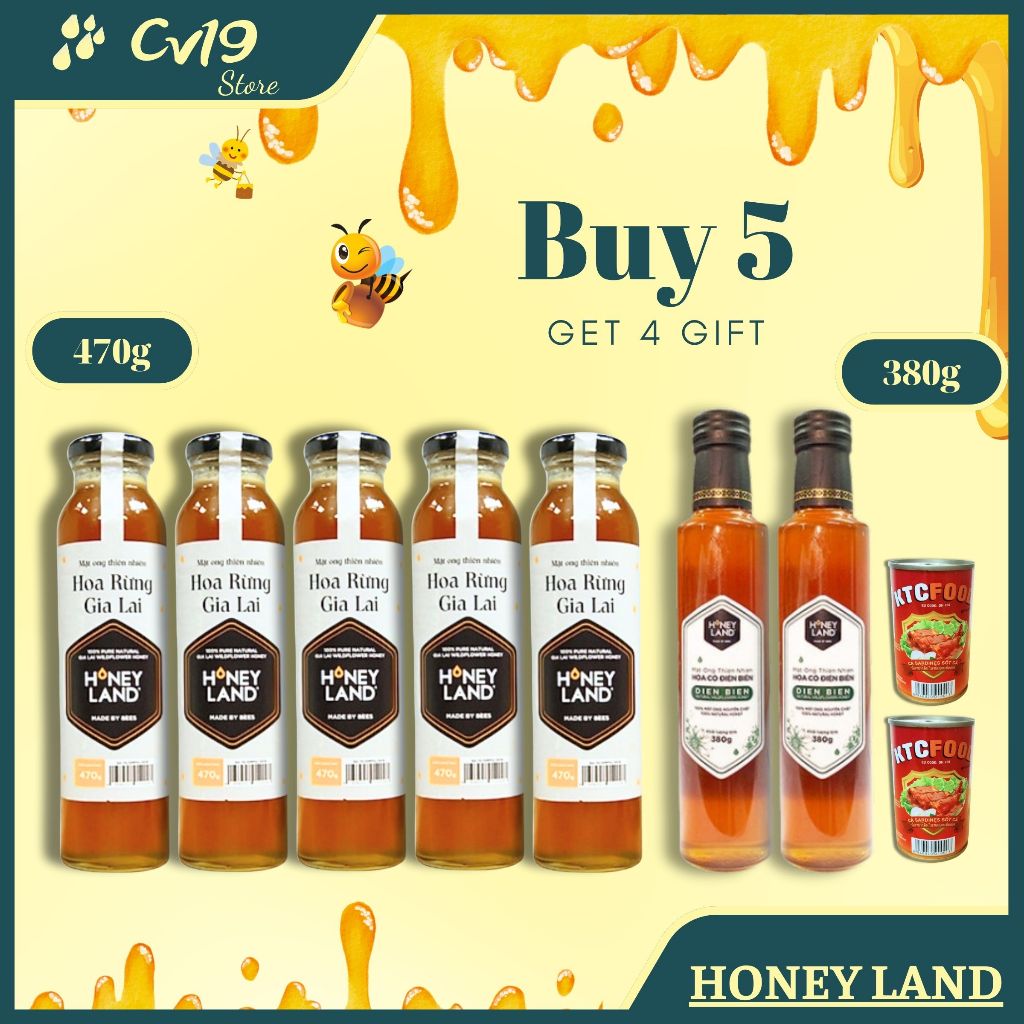 [SIÊU RẺ] HONEY LAND - Bộ 5 Chai mật Gia Lai 470g + 3 Hủ mật hoa rừng 250g + 3 Lon cá sốt cà 155g