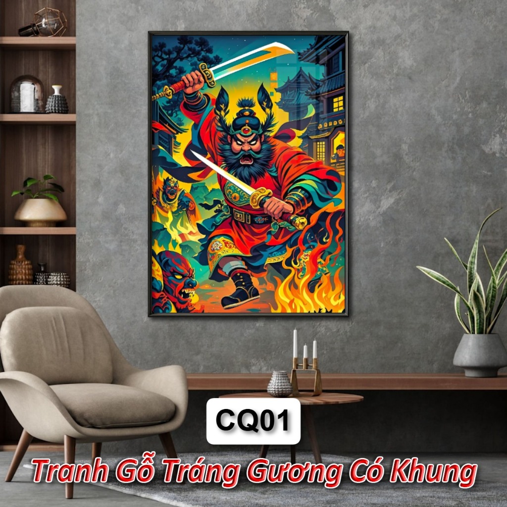 Tranh Chung Quỳ Xua Đuổi Tà Ma Trấn Thạch Nhà Cửa - Tranh Treo Tường Tráng Gương Khung Composite