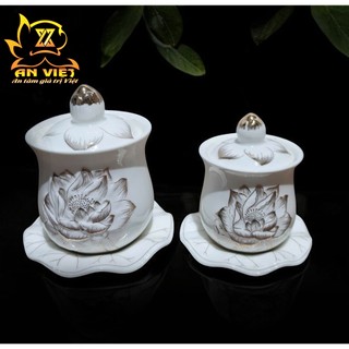Đại Bi Thờ Cúng Bạch Ngọc Sen Trắng - Hũ Đựng Muối Gạo Nước - Chung Nước - Nội Thất An Việt - BNST