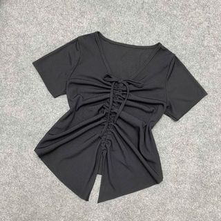 Áo thun nữ bigsize tà nhọn cổ rút dây ở giữa tôn vòng một áo tay ngắn chất liệu gân tăm cao cấp mặc thoáng mát G42