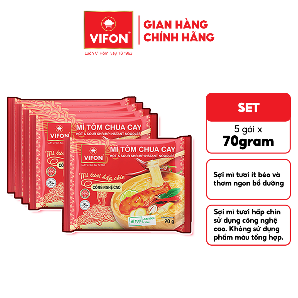 [Hỏa Tốc + Voucher 15%] Set 5 Gói Mì Tươi Bò Xốt Vang/Thịt Bằm/Tôm Chua Cay VIFON - Sợi Dai Ngon, 70g/Gói