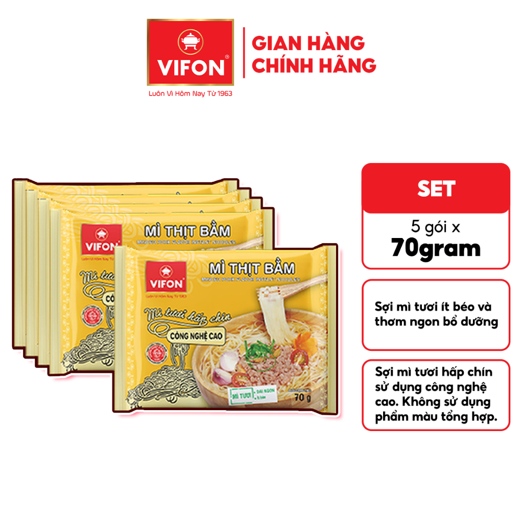 [Hỏa Tốc + Voucher 15%] Set 5 Gói Mì Tươi Bò Xốt Vang/Thịt Bằm/Tôm Chua Cay VIFON - Sợi Dai Ngon, 70g/Gói