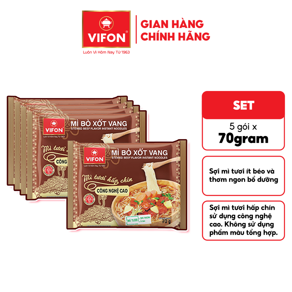 [Hỏa Tốc + Voucher 15%] Set 5 Gói Mì Tươi Bò Xốt Vang/Thịt Bằm/Tôm Chua Cay VIFON - Sợi Dai Ngon, 70g/Gói