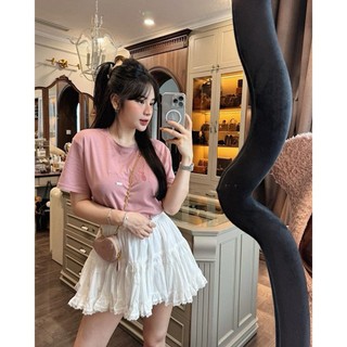 Set Bộ Đồ Nữ Áo Phông Hồng Thêu Mèo Ngắn Tay Mix Chân Váy Trắng Thô Mềm Viền Bèo Phối Ren Freesize