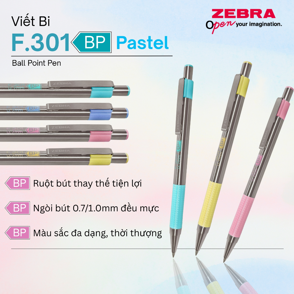 Ảnh Bút Bi Kim Loại Cao Cấp F.301 Pastel Zebra Pen 1.0mm - Mực Xanh, Vỏ Kim Loại Sang Trọng [Chính Hãng] 1