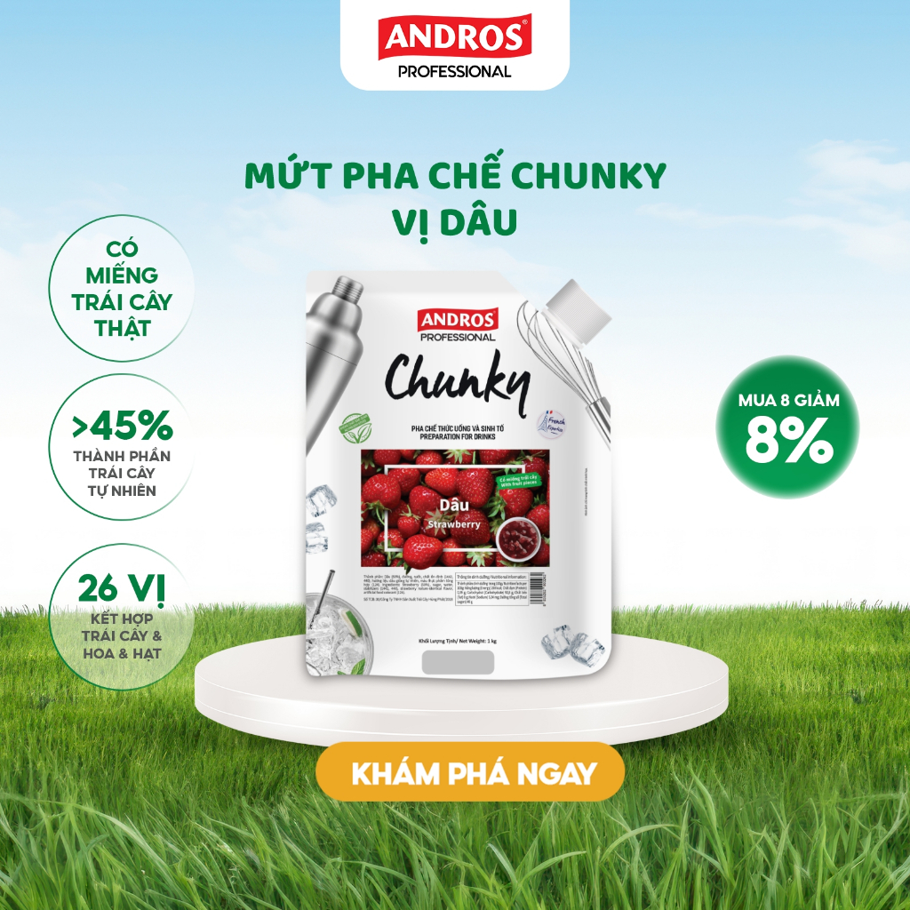 Ảnh Mứt Pha Chế Dâu - Có miếng trái cây thật - Nguyên liệu pha chế - ANDROS CHUNKY - 1kg 1