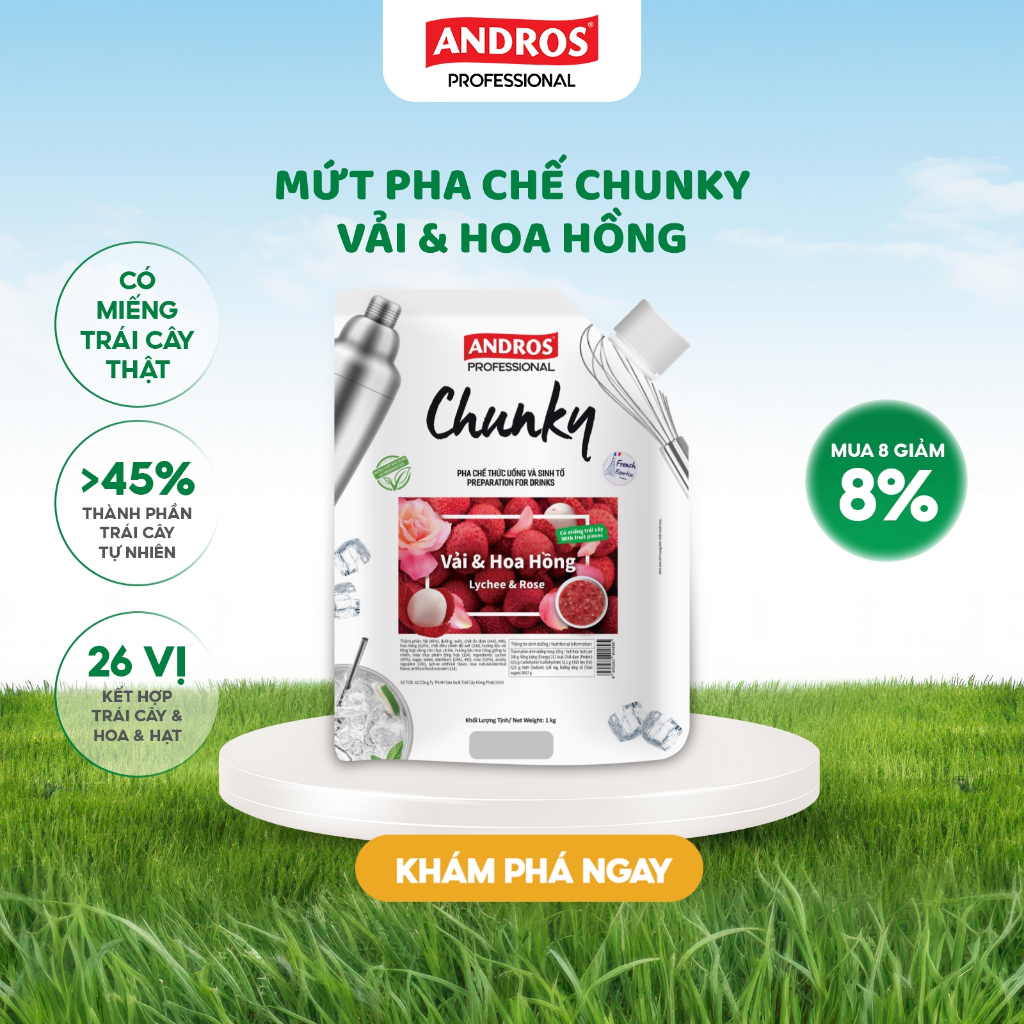 Ảnh Mứt Pha Chế Vải & Hoa hồng - Có miếng trái cây thật - Nguyên liệu pha chế - ANDROS CHUNKY - 1kg 1